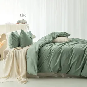 New Design Luxury Washed Cotton Queen Size 3 Piece Bedding Sets Linen Feel Soft Wrinkled Solid Duvet Cover Set with Pillow