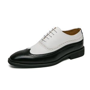 Punta estrecha con cordones negro + blanco Oxfords Zapatos DE BODA duraderos Moda Brogue Hombres Zapatos de vestir de cuero - Product Image 2