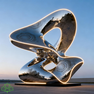Sculpture abstraite irrégulière en acier inoxydable poli miroir argenté de grande taille pour l'extérieur Senzhao - Product Image 4