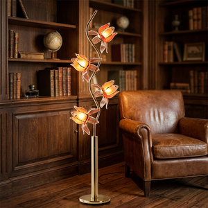 Lampe sur pied moderne à 4 têtes en forme de fleur de lotus, avec poteau en métal doré courbé en forme de S et abat-jour en verre en forme de pétale, pour salon, chambre à coucher - Product Image 3