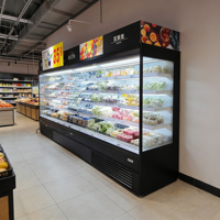 Multifunctionele verticale koelvitrine met open multideck koeling en luchtkoeling voor vers fruit, groenten en melk