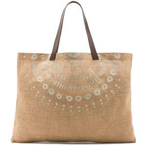 定制印花女式粗麻布皮革手柄防水购物手提包黄麻沙滩包 - Product Image 5