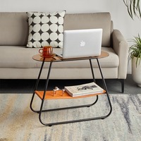 Table basse ovale moderne et durable à double plateau en verre avec structure métallique, design étroit et rangement ouvert pour salon et chambre à coucher