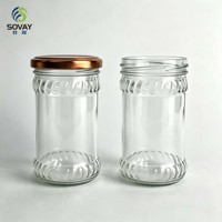 Pot en verre transparent cylindrique haut de 200 ml avec bord gaufré et col à vis pour le miel, la confiture, la sauce, l'emballage alimentaire