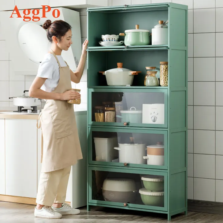 Standing Kitchen Cabinet with Flipping-up Dustproof Door, Bamboo Kitchen Storage Cabinet for Bowl, Spice, Dishes Organizer