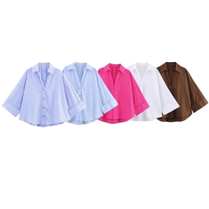 Fabricants de vêtements : Blouses et chemises pour femmes, hauts amples, chemisier à col revers et col en V à simple boutonnage, chemise unie élégante et décontractée pour femmes - Product Image 5