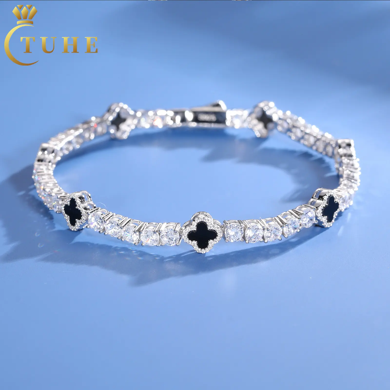 Fine Jewelry Women Men 4mm Hypoallergenic 925 Sterling Silver AAAAA CZ Diamond Black Agate 4 Four Leaf Clover Tennis Bracelet