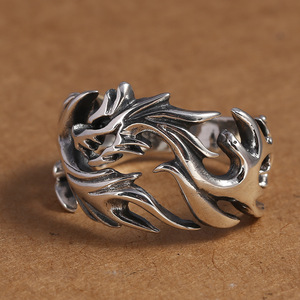 Cincin tengkorak perak murni 925 Vintage Punk, cincin terbuka Singa Naga berongga perak antik untuk pria hadiah pacar - Product Image 6