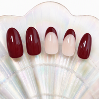 Faux ongles amande bicolores bordeaux nude, à pression, couvrance totale, pour usage quotidien