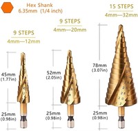 Jeu de 3 forets à tige hexagonale en acier rapide, 4 mm-32 mm, revêtement en étain pour perçage du métal