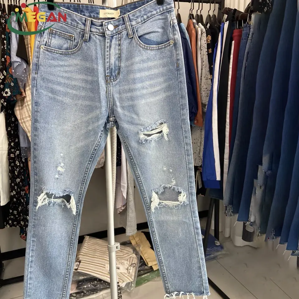 Megan Cổ Phiếu Rất Nhiều Chất Lượng Cao Thứ Hai Tay Denim Quần kiện Sử Dụng Rách Rách Jeans Cho Nam Giới
