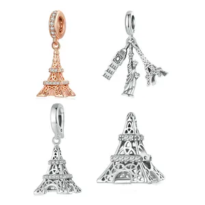 Romántico edificio Diy accesorios de joyería S925 plata fina Torre Eiffel encanto cuenta para pulsera COLLAR COLGANTE