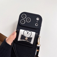 Étui de téléphone élégant avec porte-cartes en relief en forme de cœur et nœud pour iPhone 18 17 Pro Max 16 15 14 13, avec sangle bandoulière et protection portefeuille