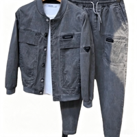 Ensemble Sport Décontracté Homme BQ 2026 – Nouveau Modèle Slim Fit Deux Pièces en Denim Délavé Couleur Unie – Tendance Printemps-Automne