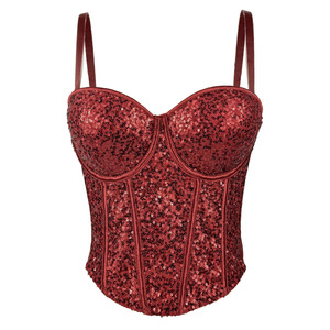 Top bustier en dentelle super court, sexy, ajusté, à sequins, pour femme, avec soutien-gorge intégré à baleines, collection printemps-été - Product Image 3