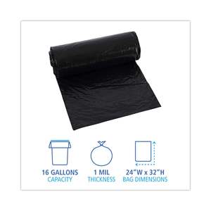 "<b>Household</b> <b>Trash</b> <b>Bags</b> Boardwalk Low-Density 16 gal 1 Mil 24 X 32 Black 10 <b>Bags</b>/Roll 15 Rolls/Carton" - Product Image 2