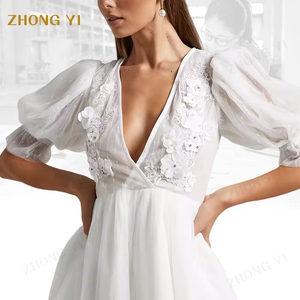 कपड़े कारखाने कस्टम महिला गर्मियों के नए आगमन फैशन सुरुचिपूर्ण पार्टी जाल पफ छोटी आस्तीन वी-गर्दन मिनी आकस्मिक कपड़े - Product Image 3