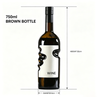 750ML Unieke handgreep lege amberkleurige glazen wijnfles met aangepaste zeefdruk logo sticker voor rode wijn en fruitlikeur