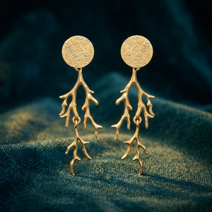 Matte Gold Textured Disc <b>Coral</b> Branch Drop Earrings Brass 18K Gold Plated Ocean Dangle Ethnic Wedding Party Unisex - Product Image 2