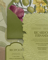 Invitations de mariage vintage vert olive à motif floral, découpées à la forme de coquille, gaufrées, avec enveloppe, pour mariages espagnols