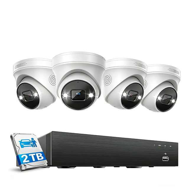 8 Channel Professional CCTV Security Camera System 2TB HDD 4X 5MP AI PoE IP Turret Camera with Audio APP Remote View