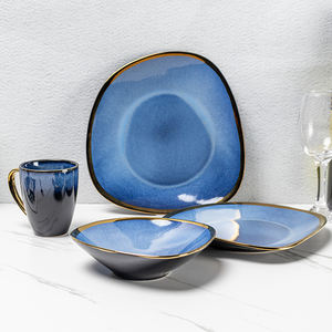 Plato plano de porcelana para comida, vajilla de diseño, juego de cena de cerámica, cerámica de estilo japonés, nuevo ojo de gato, fiesta clásica azul redonda - Product Image 1
