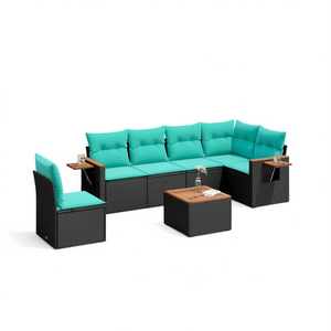 Ensemble de canapés de patio en polyrotin noir avec coussins, 7 pièces, mobilier d'extérieur élégant, sièges modulaires - Product Image 1