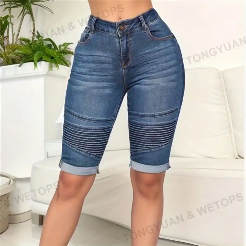 ملابس مخصوصة للسيدات سراويل جينز قصيرة بطول الركبة سراويل جينز نصف طول 5XL بنطلون Capri سروال جينز ضيق رافع للمؤخرة