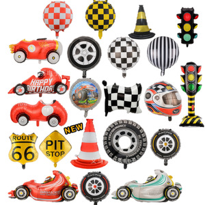 Ballons ronds en aluminium à carreaux noirs et blancs de 18 <span class=keywords><strong>pouces</strong></span>, thème course, pour la décoration de voitures de <span class=keywords><strong>rallye</strong></span> de Formule, casques, <span class=keywords><strong>pneus</strong></span> et barricades - Product Image 1
