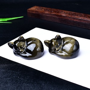 Ornement de chat endormi en obsidienne naturelle <span class=keywords><strong>Petite</strong></span> figurine de chat sculptée en <span class=keywords><strong>pierre</strong></span> pour <span class=keywords><strong>la</strong></span> <span class=keywords><strong>d</strong></span>écoration du salon à <span class=keywords><strong>la</strong></span> maison Cadeau de festival - Product Image 1