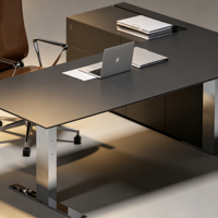 Bureau électrique moderne pour cadres avec tiroirs, bureau de direction en L noir réglable en hauteur avec armoire de rangement