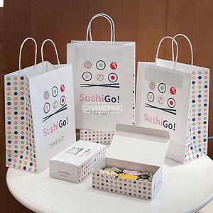 Sacs en papier kraft recyclables personnalisés avec poignée, biodégradables, en papier kraft brun et blanc avec votre propre logo - Product Image 5