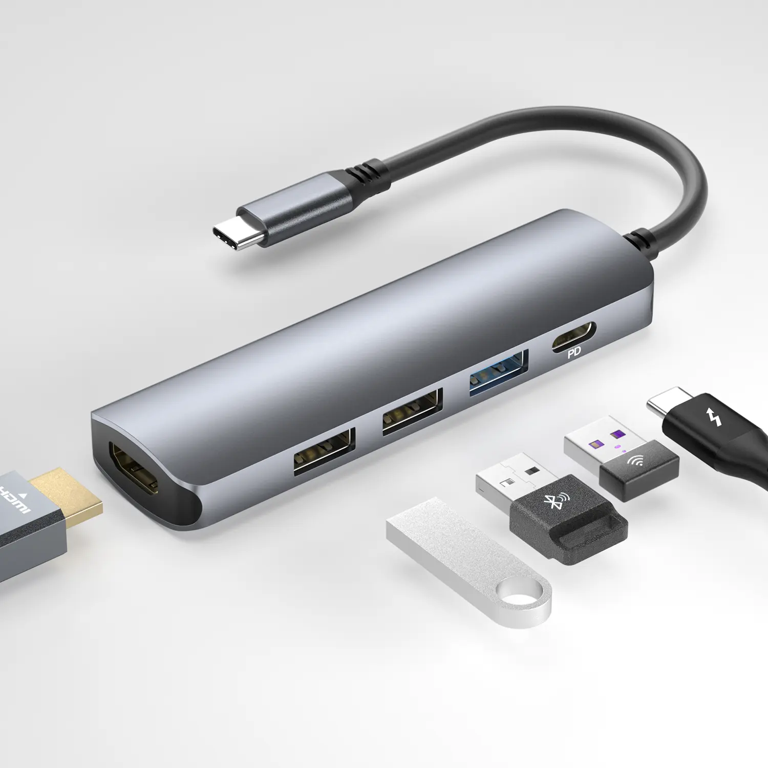 ULT-USB ฮับ USB C 5-In-1 OEM,รวม4K 30Hz HDMI USB 3.0 2 USB 2.0และ PD 100W พอร์ตฮับชนิด C