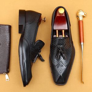 Mocasines de Cuero Genuino Negro con Borlas, Punta Cuadrada, Transpirables, Sin Cordones, Zapatos Casuales de Vestir para Hombre de Verano - Product Image 2