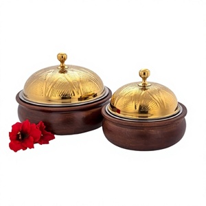 Ensemble de deux chauffe-plats en bois finition noyer avec couvercle doré, qualité supérieure, luxe, pour mariages arabes en Arabie Saoudite, au Koweït et au Qatar - Product Image 1