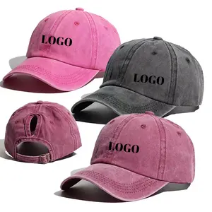 Shouting30 Baseball cap washed cotton curved brim outdoor sports women's peaked cap ponytail hat summer sun protection hat