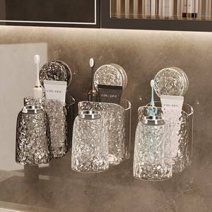 Wall Montado Acrílico Luxo Moderno de duas peças Creme Dental Tanque Mouthwash Cup Ventosa Escova De Dentes Rack Sem Conjunto De Banheiro - Product Image 5