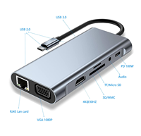 Station d'accueil 11 en 1, adaptateur Hub Type C avec 4K HDTV/VGA/USB C PD/USB3.0&2.0/RJ45 Ethernet/lecteur de carte SD/TF/AUX 3,5 mm