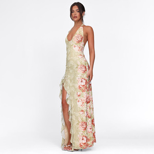 Robe longue imprimée à col halter pour femme, dos nu, fente haute, robe de soirée asymétrique - Product Image 3