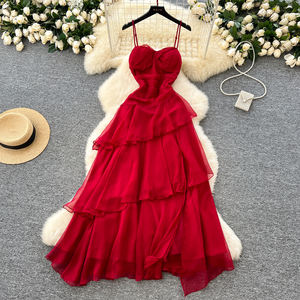 Printemps romain sans bretelles asymétrique tunique plissée robe mi-longue pour les femmes robe en dentelle <span class=keywords><strong>à</strong></span> volants - Product Image 1