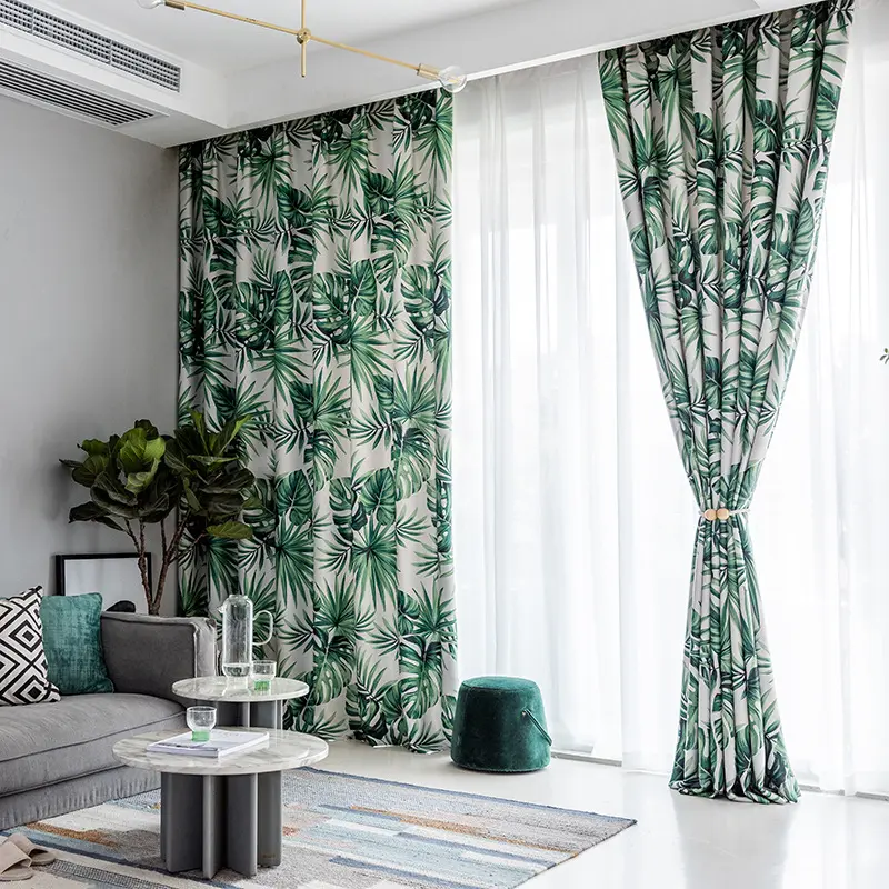 Monstera Design Luxury Blackout Fabric Printed Living Room Bed Room Decorative Window Curtain