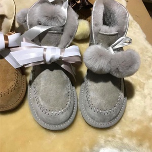 Cross-Border New Sheepskin Fur Integrated Fashion Pom Pom Bow Lace-Up Multi-Wear Thin Sole Warm Ankle Snow <b>Boots</b> - Product Image 1