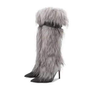 Xinzirain Custom Women Knee High Boots Stiletto Heel Pointed Toe Rabbit Fur Chain Fashion Sexy Girls Boots