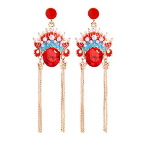 wholesale Chinese red rhinestone Peking Opera abstract face pendant earrings jewelry China manufacturer supplier