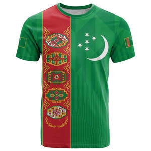 T-shirt all'ingrosso a basso costo per il Giorno dell'Indipendenza del Turkmenistan, con emblema nazionale e design a strisce a tappeto, personalizzabile da uomo - Product Image 3