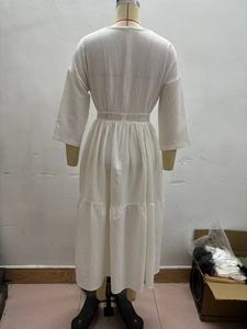 Vestido Maxi de verano elegante de alta calidad para mujer, túnica bordada con manga larga, cubierta de algodón de encaje, Vestido camisero con botones, vestido informal Sexy - Product Image 4