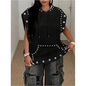 Sudadera con Capucha sin Mangas para Mujer, Tallas Grandes, Estilo Gótico Punk, con Remaches, Cordón Ajustable, Tejido de Punto, 320g - Product Image 3