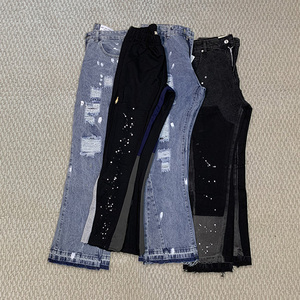 กางเกงยีนส์ผู้ชายคุณภาพสูงปี 2026 ผ้าฝ้ายลำลองสีดำเทา แต่งลายปะติดสไตล์วินเทจ ทรงขาบาน สำหรับผู้ชาย - Product Image 2