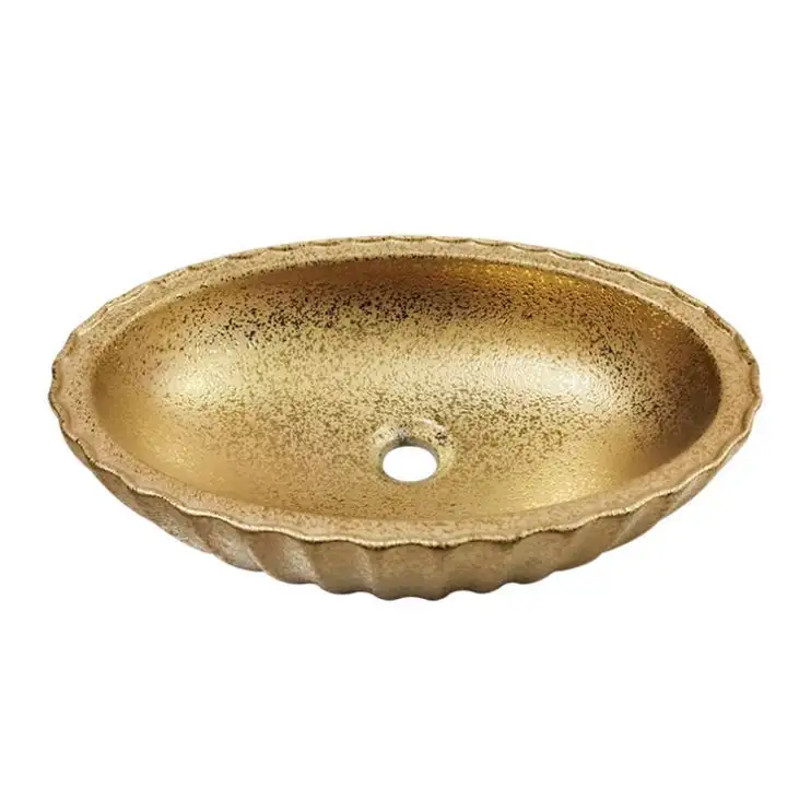 Wide use golden mirror glass single hole round countertop art ceramic lavabo hand wash basin