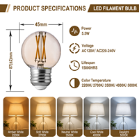 Ampoule LED à filament G16.5/G50 E26 à économie d'énergie 5,5W 550LM certifiée ETL pour l'éclairage décoratif ambiant rétro de café et bistro